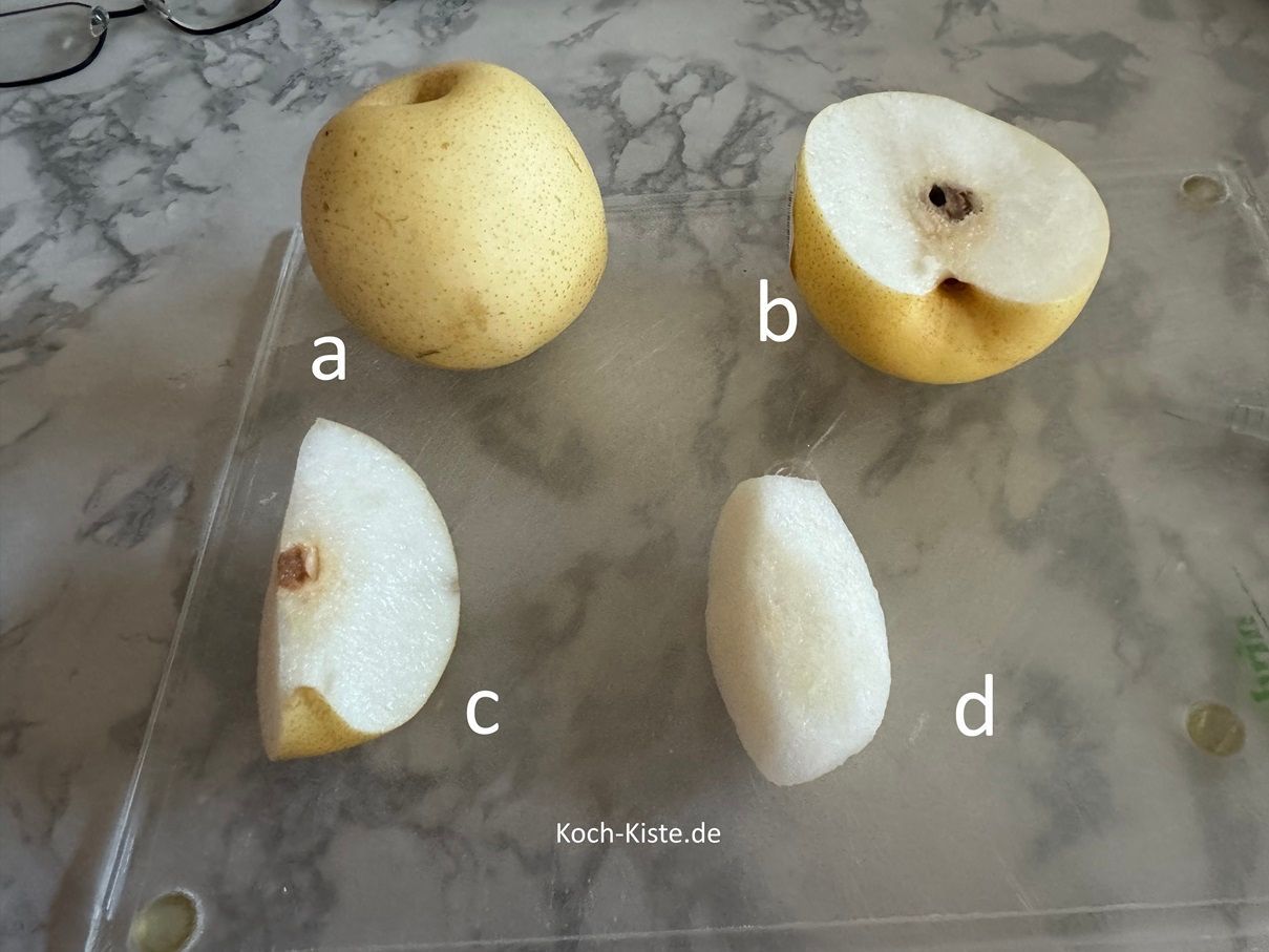 nehme 1 Nashibirne (a), halbiere sie (b), dann viertel sie (c) und schäle sie (d)