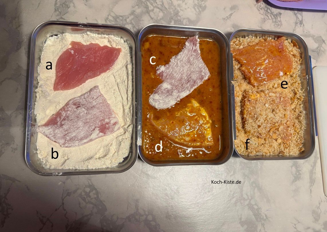 jetzt lege ein Stück Schnitzel in das Dinkelmehl (a), drehe es um (b), dann gebe das Schnitzelstück in das Eigemisch (c), wende es  (d). Zum Schluss gebe das Schnitzelstück in das Paniermehl (e), wende es (f)