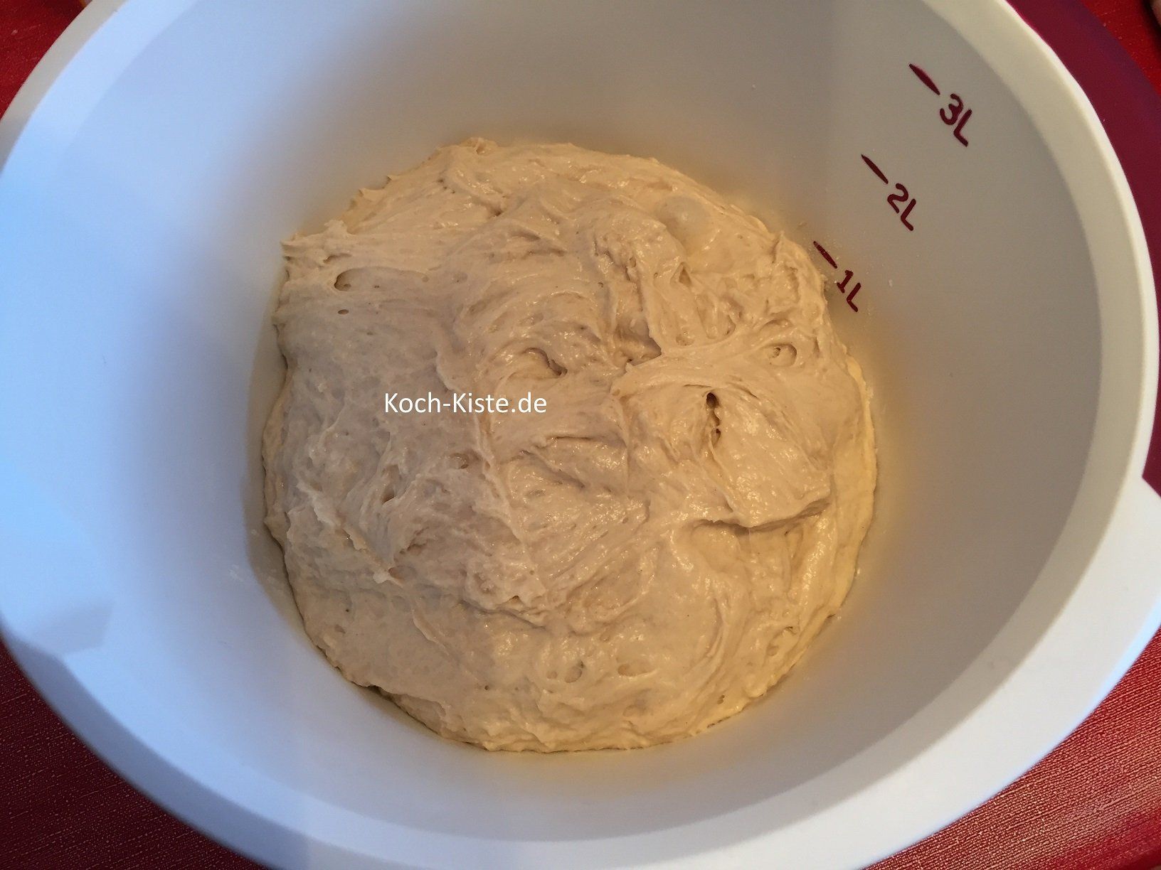 gebe den Teig in eine mittlere Rührschüssel - die in den Backofen passt. Auf mittlerer Schiene 30 Minuten bei 50 Grad den Teig gehen lassen.