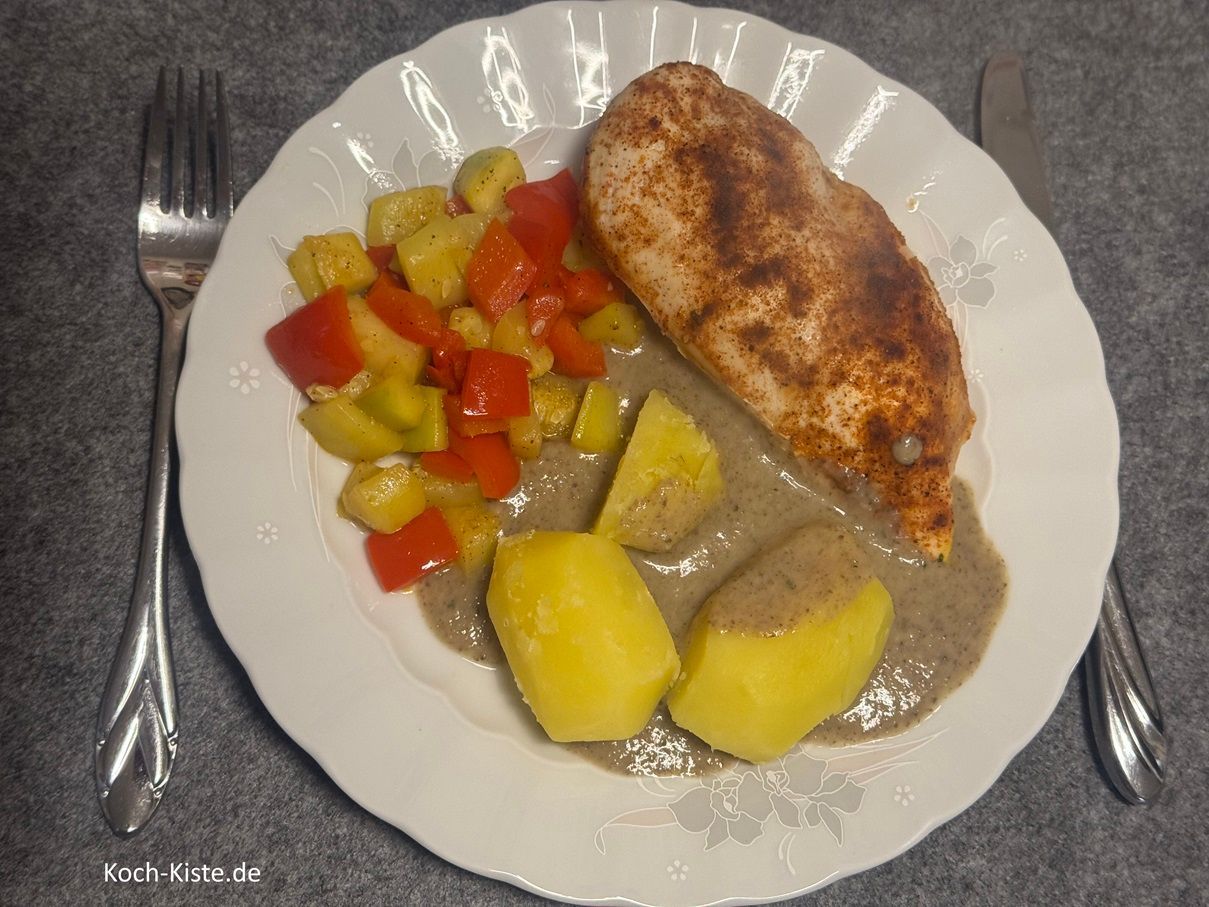 Hähnchenbrustfielt, Kartoffeln, Pilzsoße (püriert) und gebratenes Gemüse