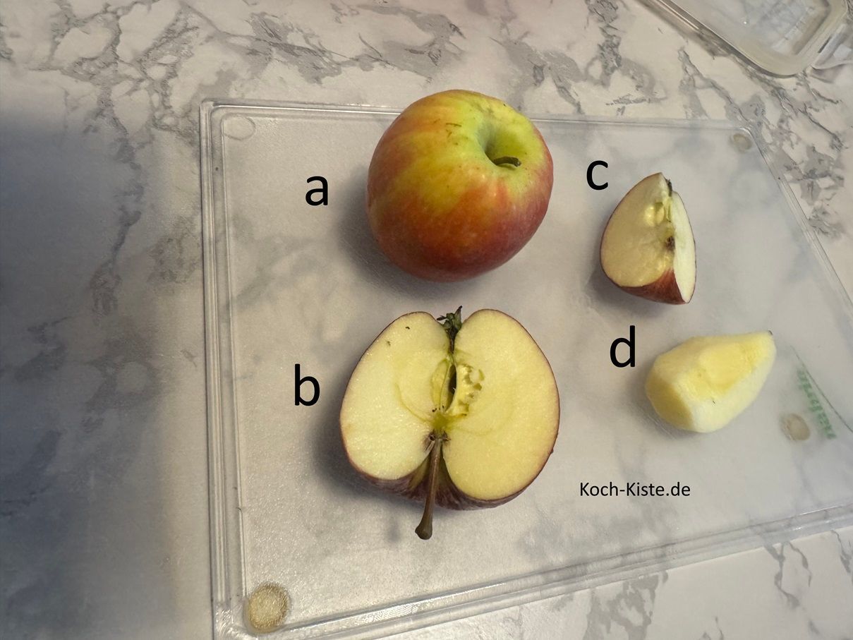 lege 1 Apfel auf das Schneidebrett (a) , halbiere ihn (b), viertel ihn (c), entferne das Kerngehäuse und schäle ihn