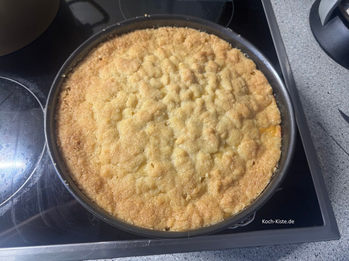 ZIehe Dir Küchenhandschuhe an, nehme die Springform aus dem Backofen und stelle sie auf die Herdplatte .