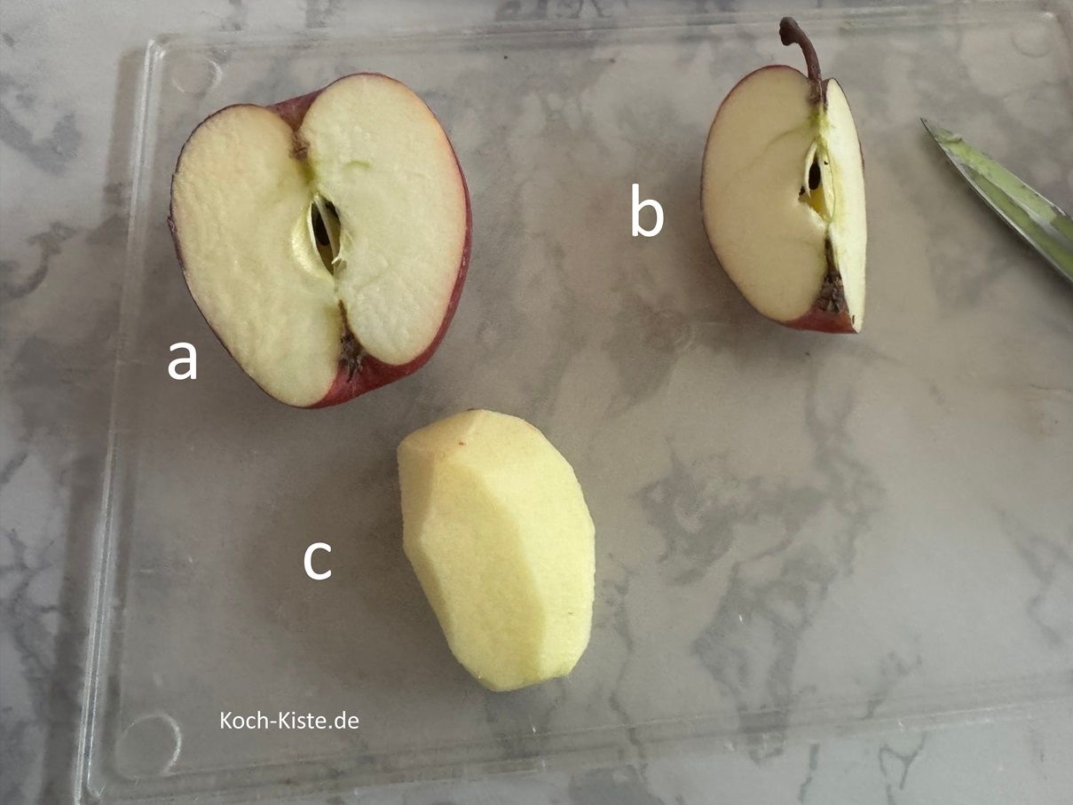 beginne beim Apfel damit ihn zu halbieren (a), zu vierteln (b) das Kerngehäuse zu entfernen und ihn zu schälen (c)
