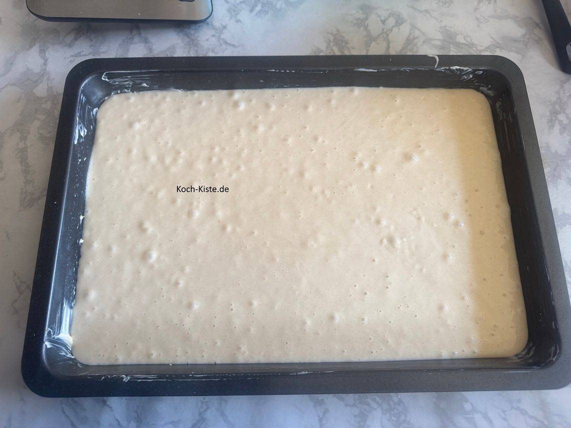 Jetzt gieße den Teig gleichmäßig auf das Backblech oder die Backform