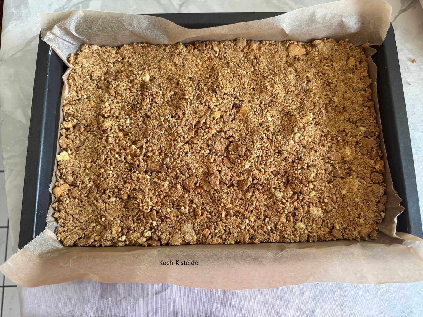 Fettpfannen/ Backblechfüllung : kippe die Boden Zutaten in die Fettpfanne / Kuchenform und verteile sie mit Hilfe eines Esslöffels gleichmäßig. Dann drehe den Esslöffel um , so dass Du mit der Esslöfferückseite die Krümel etwas flach drücken kannst