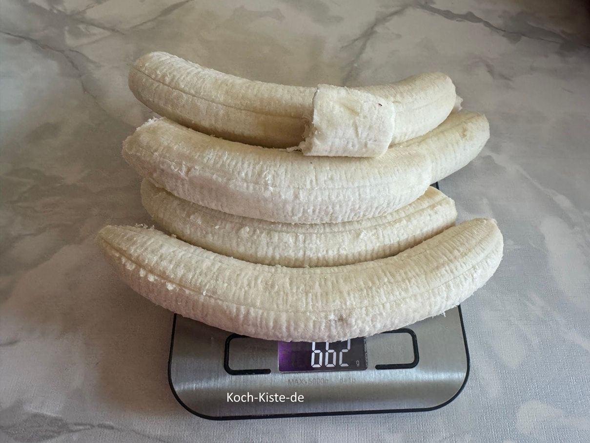 meine Bananen hatten nun 12g mehr (662g) das Gewicht kann man verwenden. Ess sollten aber nicht 700g oder mehr werden.