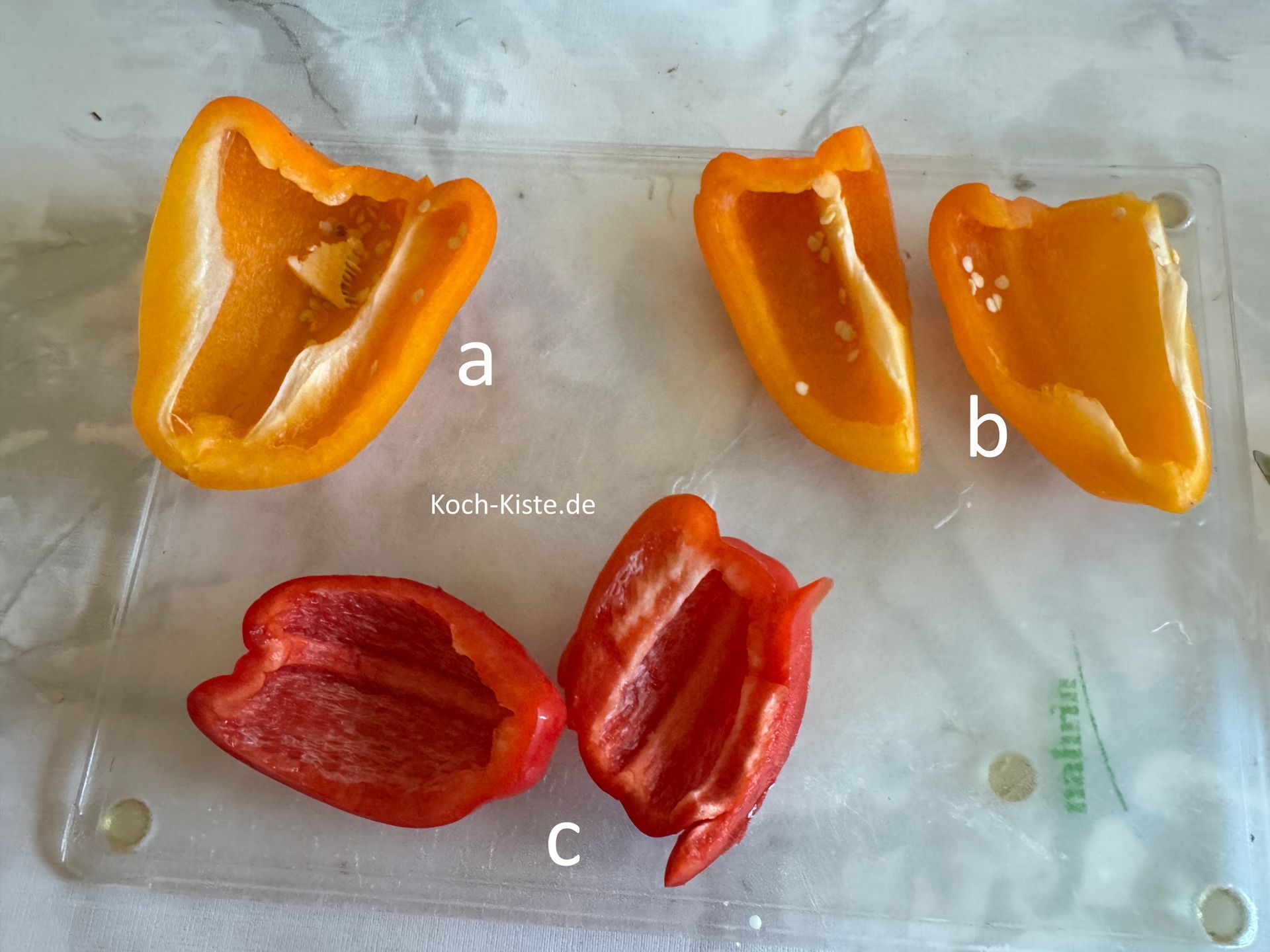 danach schneide den Strunk heraus (a) , viertel die Paprika (b) und schneide die Innenhäuter heraus (c)