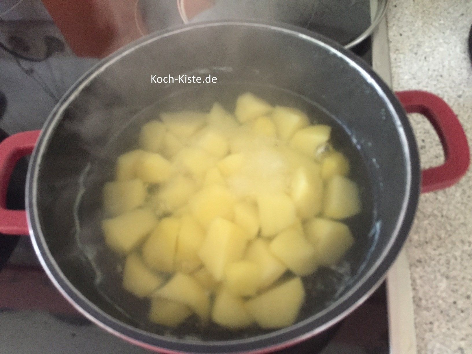 Kartoffeln schälen, klein schneiden, unter fließend-kaltem Wasser abspülen und ca. 20 gar kochen.