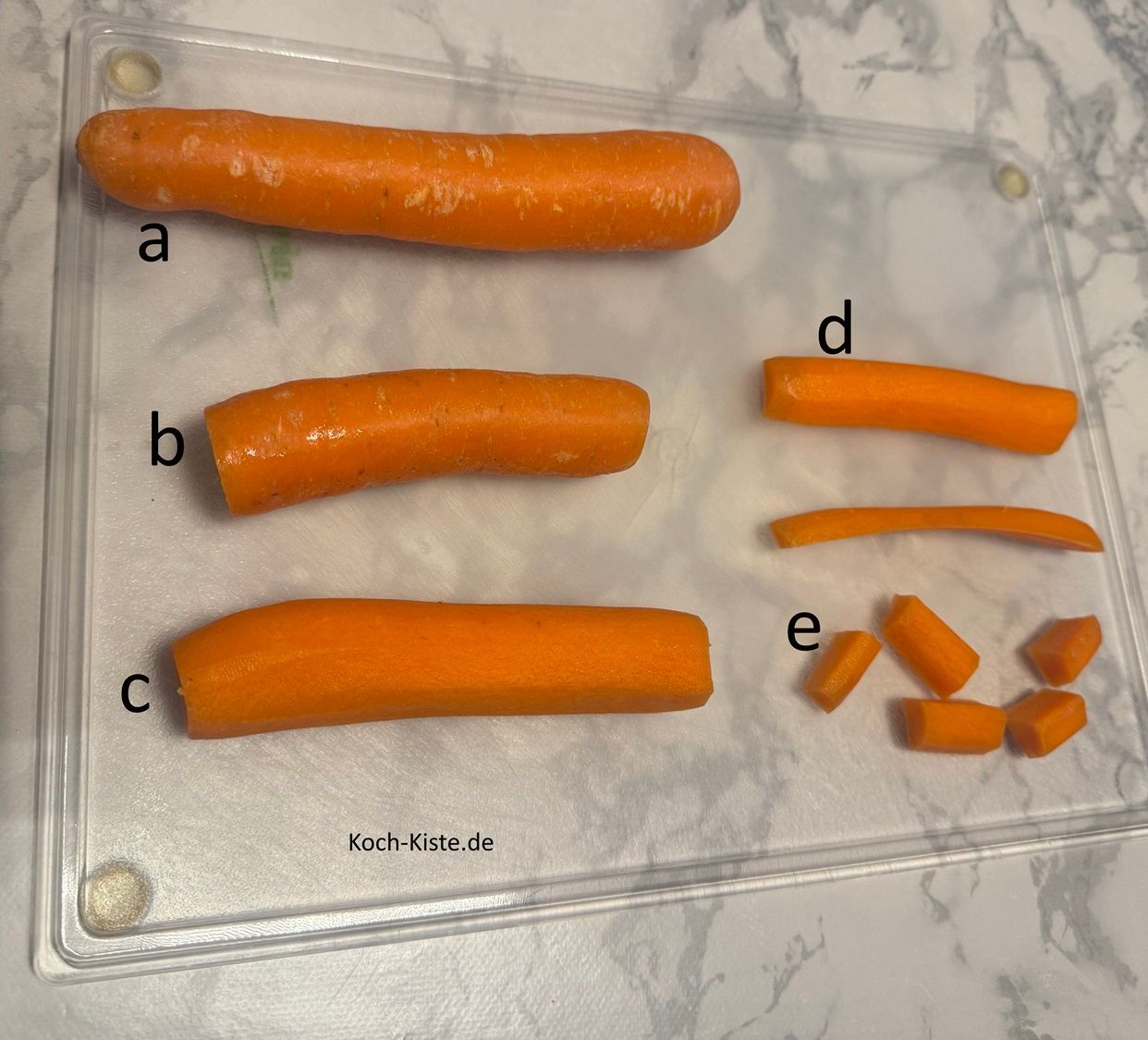 dann lege 1 Wurzel auf das Schneidebrett (a), entferne oben und unten ein kleines Stück (b), schäle die Wurzel (c), halbiere sie (d) und schneide sie in kleine Stücke (e)