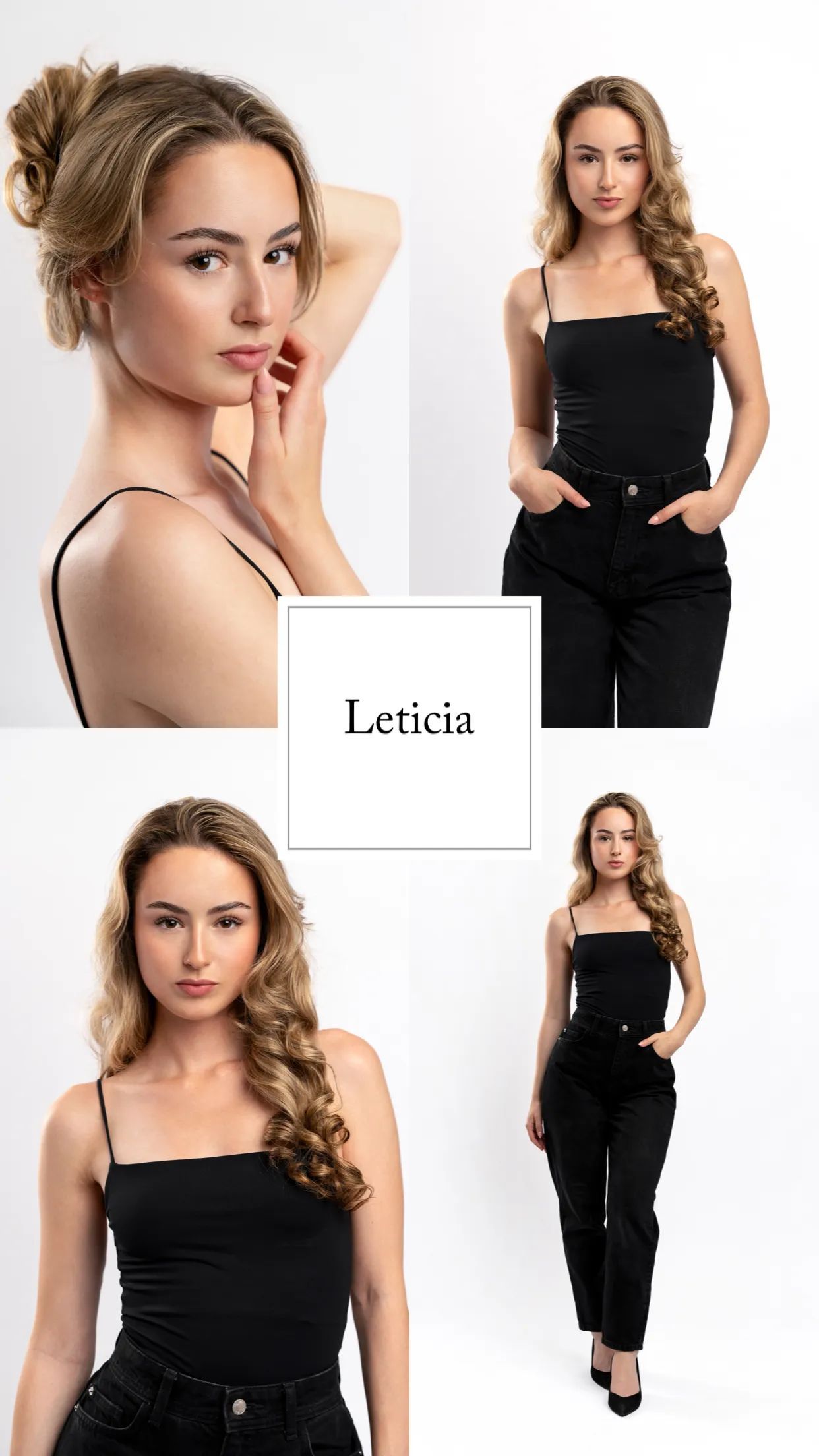 Leticia – elegantes weibliches Model-Portfolio bei OH3 Studios. Verschiedene Posen einer Frau mit langen welligen Haaren (161 cm, Kleidergröße 34/36). Perfekt für Portrait- und Fashion-Shootings.