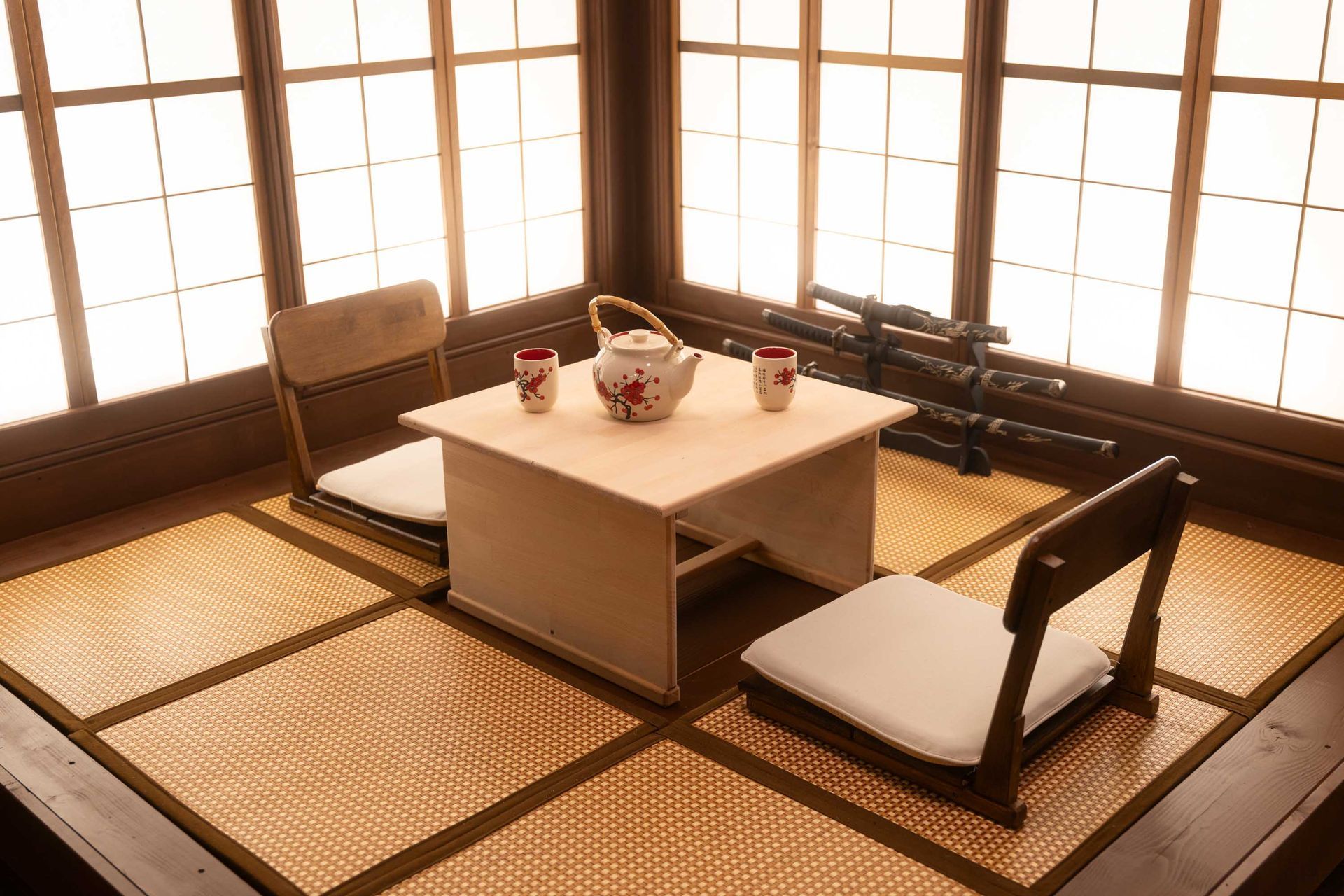 traditionell japanisches Zimmer helle und braune farben autentisches Japanisches Fotoset