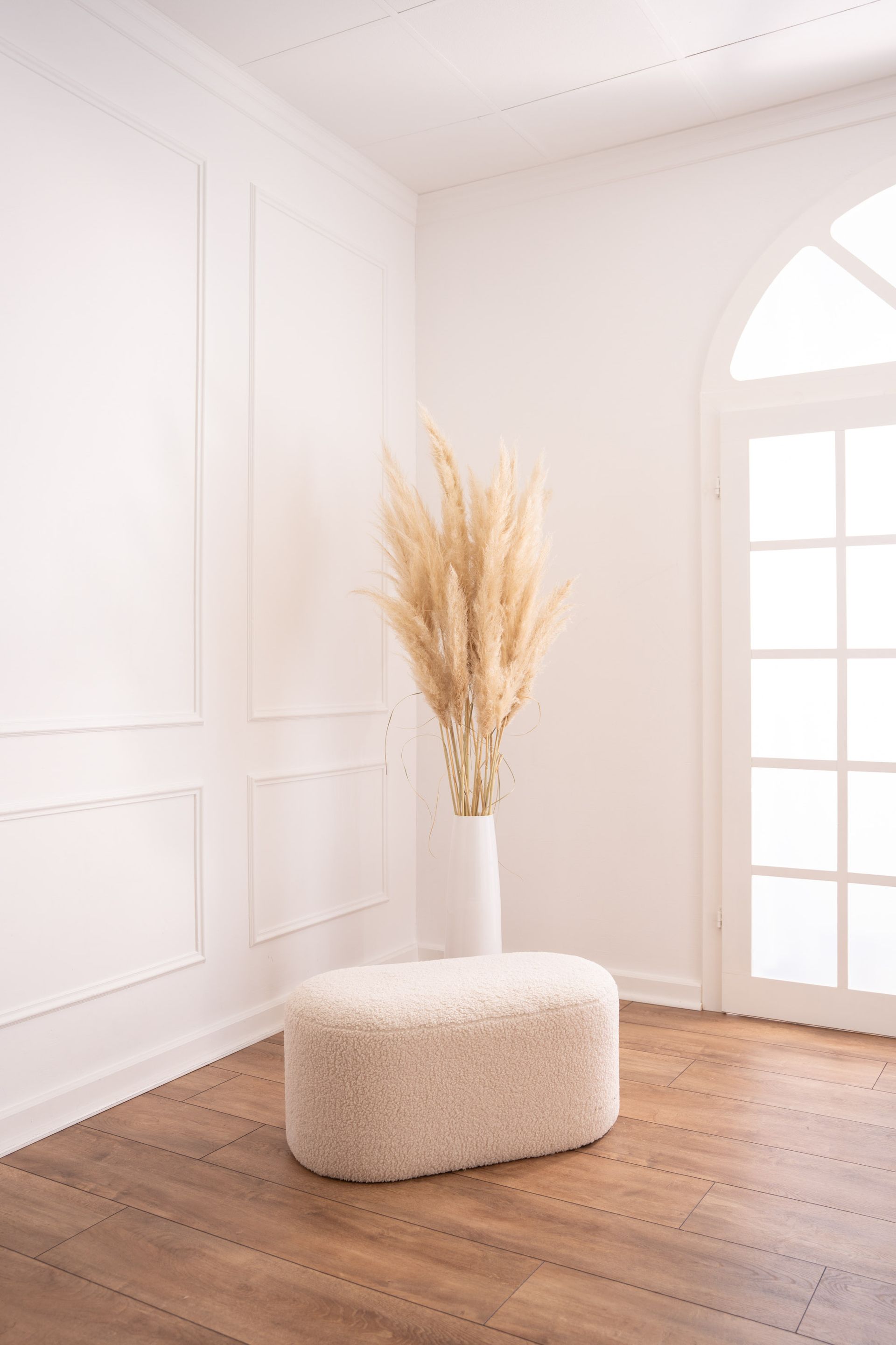 Mietstudio weißer Raum Studio zum mieten für Cosplay Fotografie. Großes weißes beleuchtetes Fenster bei weißer Barockwand mit Hocker und Pampasgras.