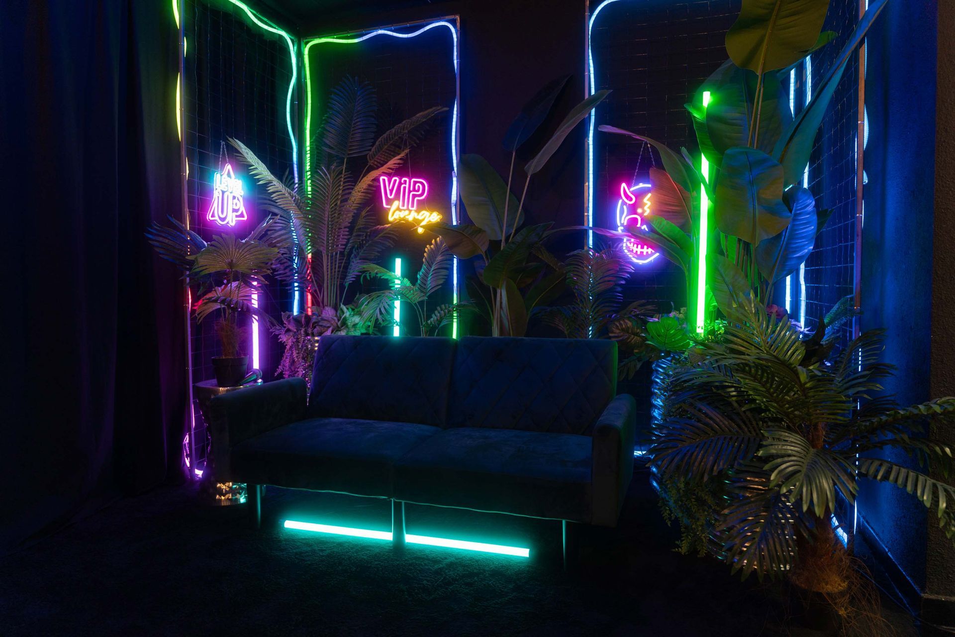 VIP-Lounge mit bunten Neonlichtern, Pflanzen und Sofas in der Black Room mit verstellbarer RGB-Gesamtbeleuchtung