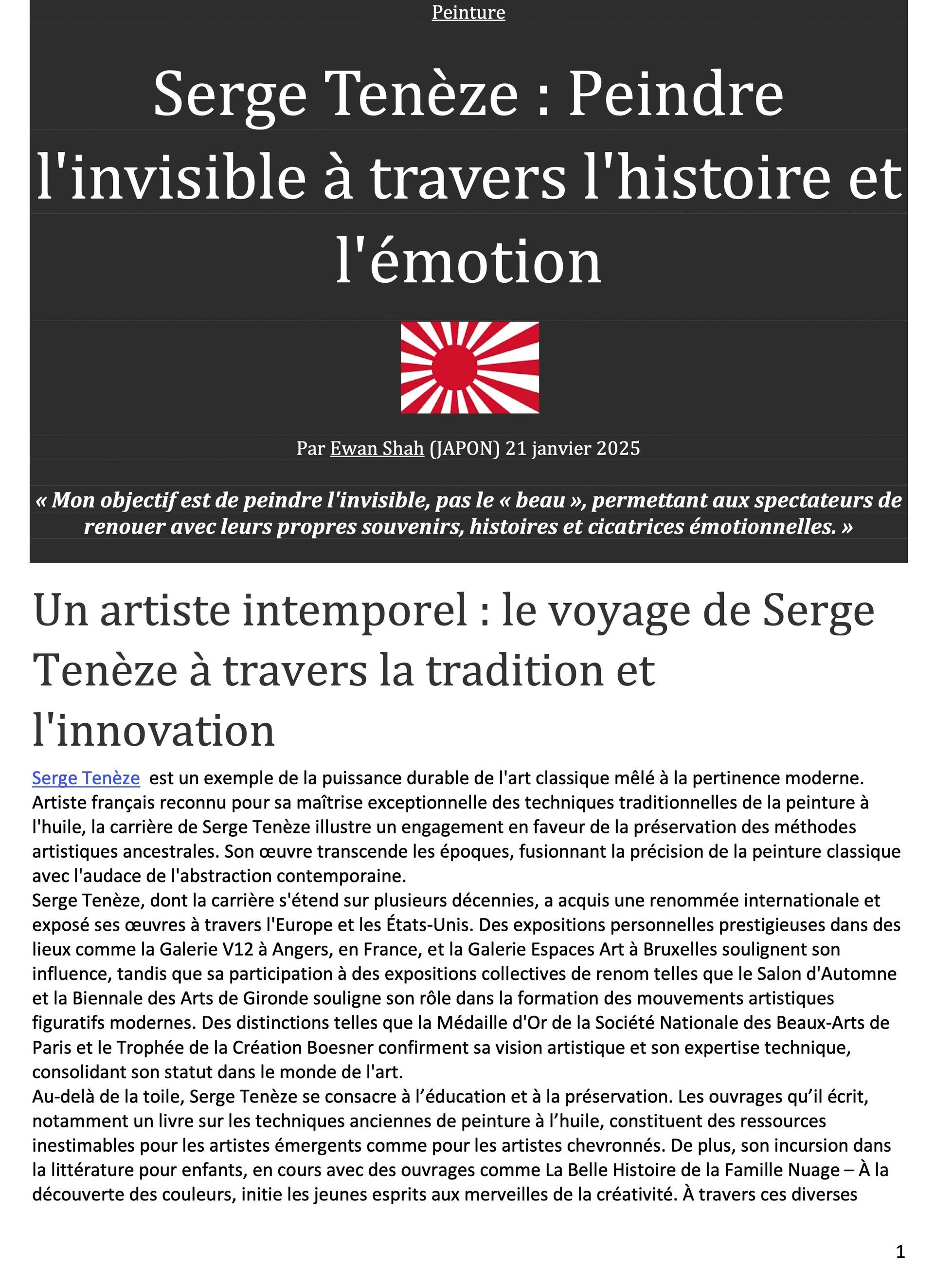 Serge Tenèze : Peindre l'invisible à travers l'histoire et l'émotion
Par Ewan Shah (JAPON) 21 janvier 2025