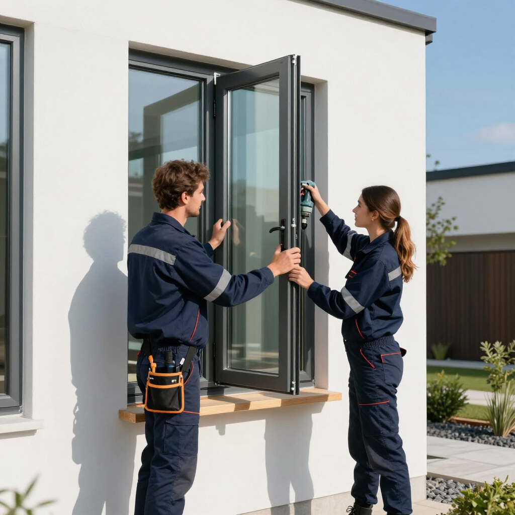 2 Handwerker in moderner Montagekleidung montieren fachgerecht ein neues Fenster in modernem Haus
