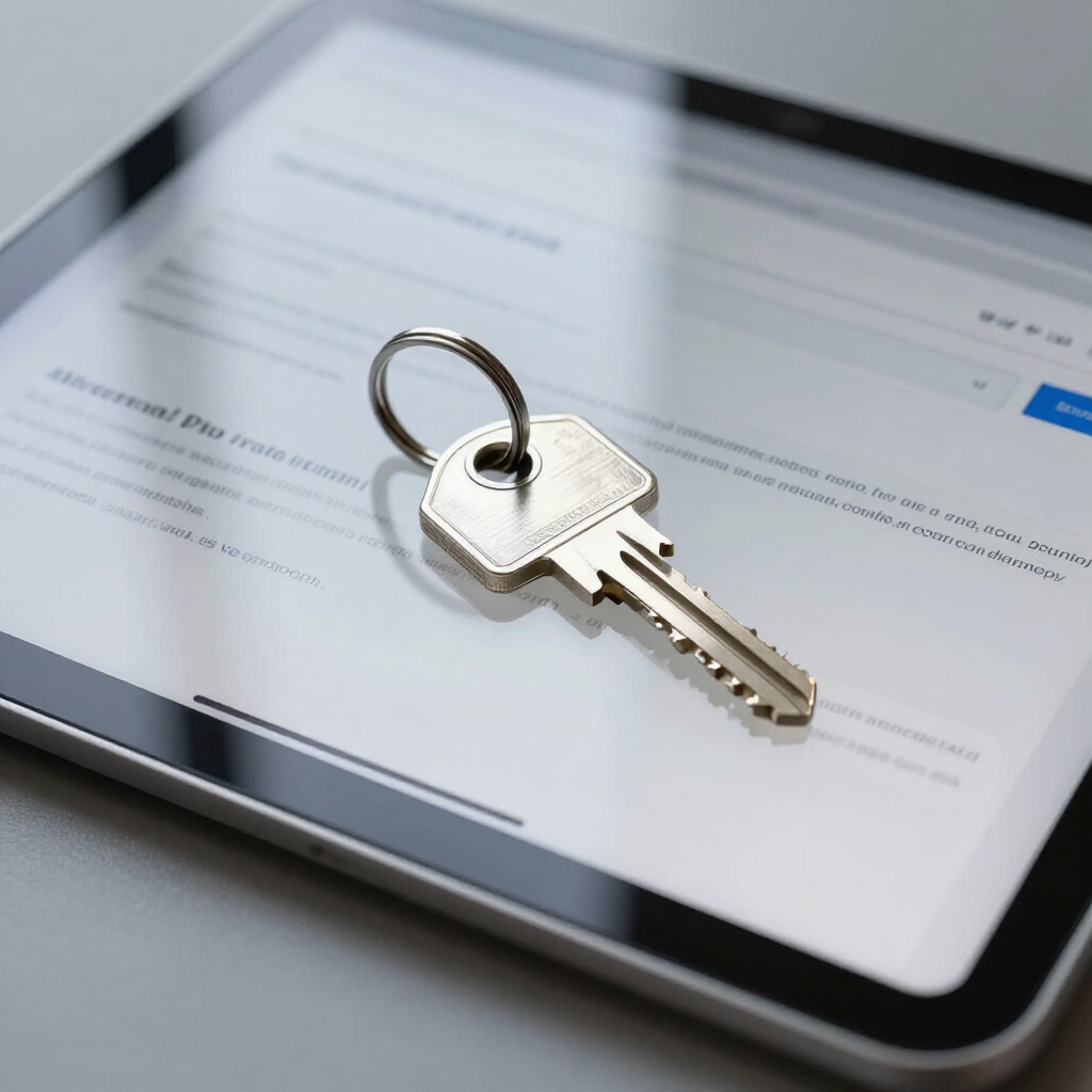 Moderner Hausschlüssel liegt auf einem Tablet mit einer geöffneten E-Mail