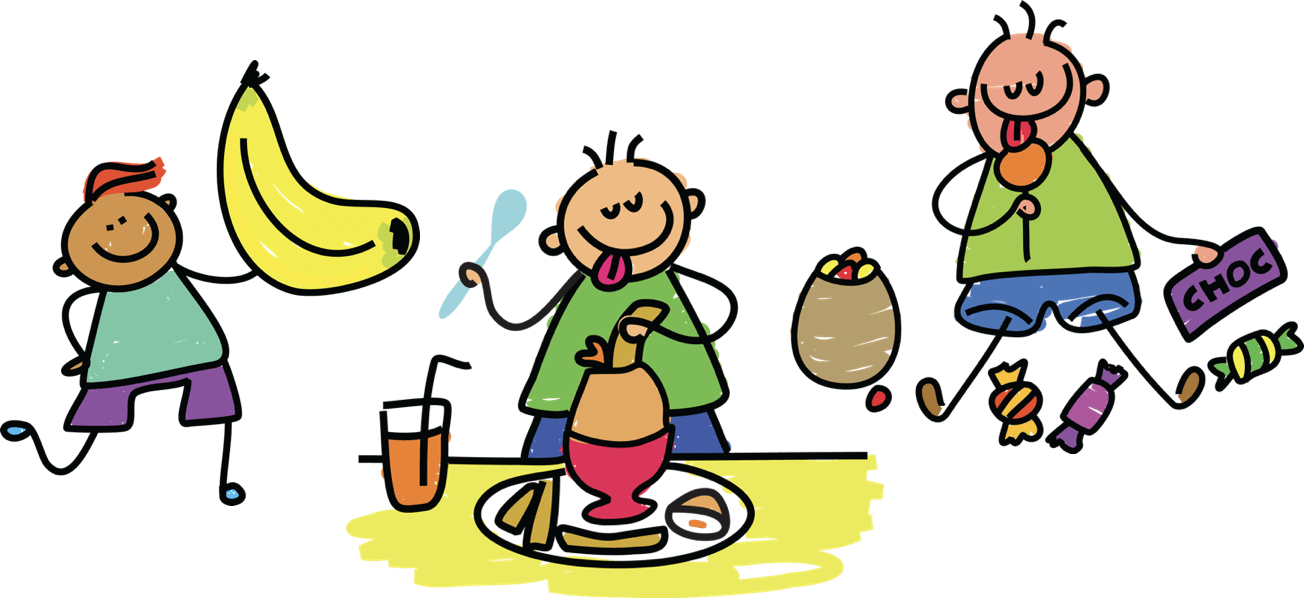 Three stick cartoon children. one is holding a banana, another is eating breakfast and the other eating sweets