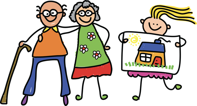 Three stick cartoon people. Two are grandparents, one is a child holding a picture of a house.