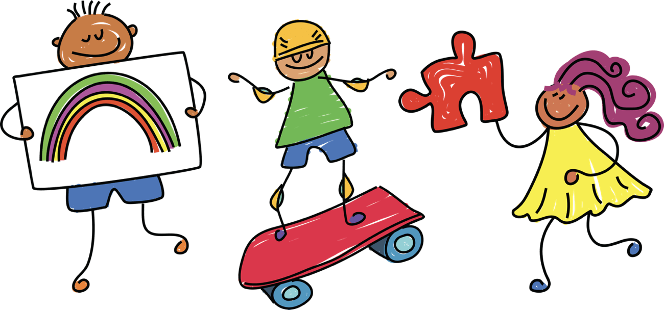 Three stick cartoon children. one is holding a picture of a rainbow, another is in a skateboard and the other holding a jigsaw piece