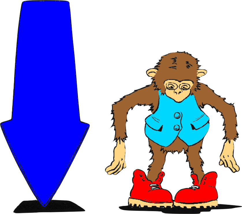 Cartoon of a chimpanzee wearing red walking boots. He's standing next to a big blue arrow that is pointing down.