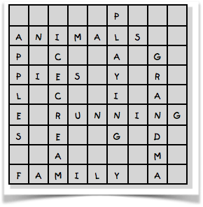 A line grid with a letter in each square to make it look like a cross word or scrabble board.