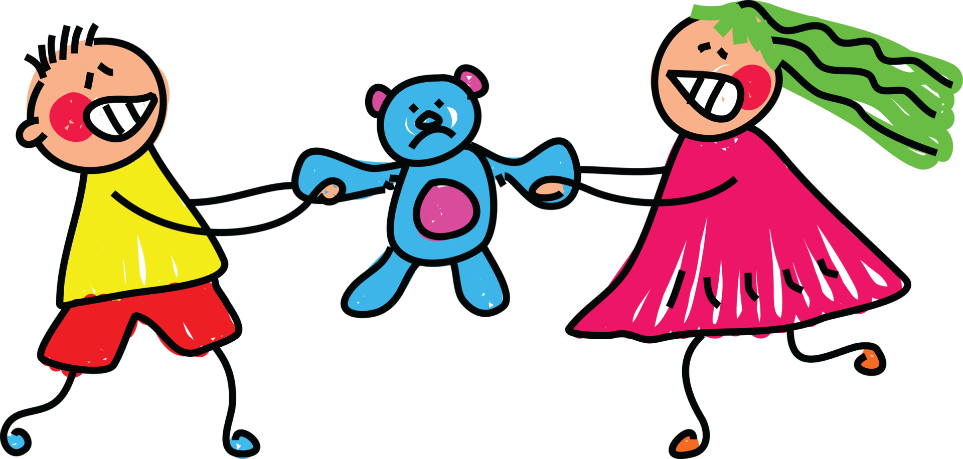 Two cartoon stick children fighting over a teddy bear