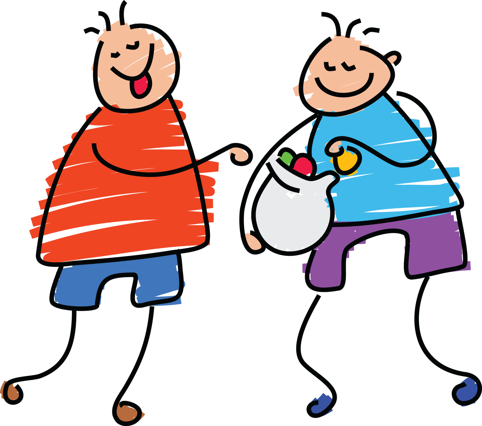 Cartoon line drawing of two children sharing a bag of sweets.