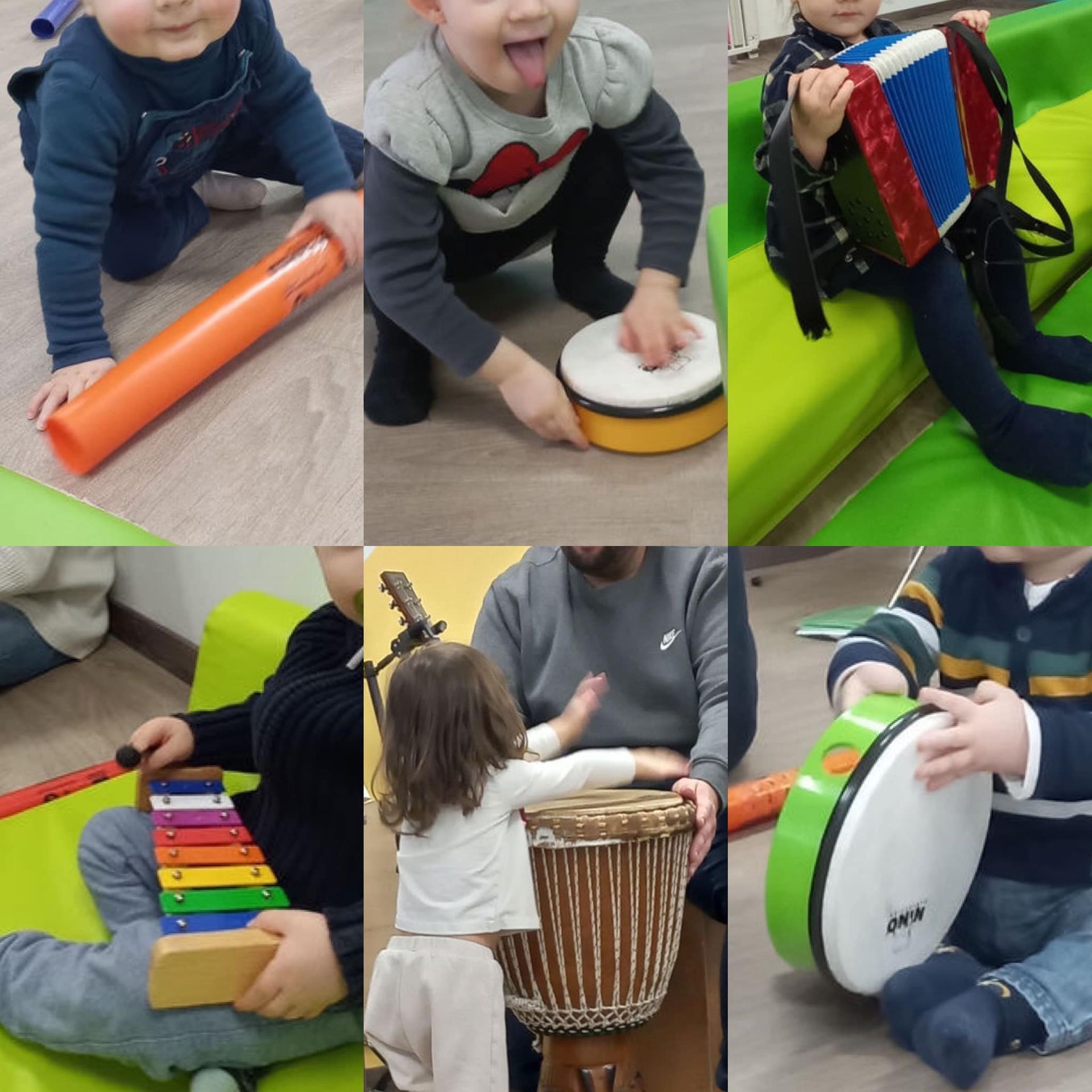 Éveil musical à L’Enfantine Montagnat et Polliat : enfants découvrent instruments et rythmes avec activités pédagogiques.