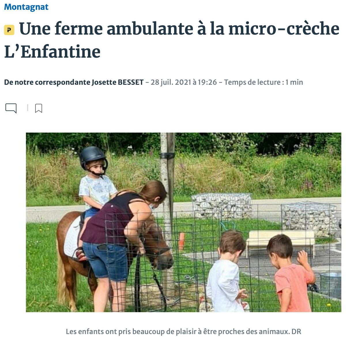 Ferme ambulante micro-crèche L’Enfantine activités pédagogiques animaux éveil enfants Montagnat Polliat