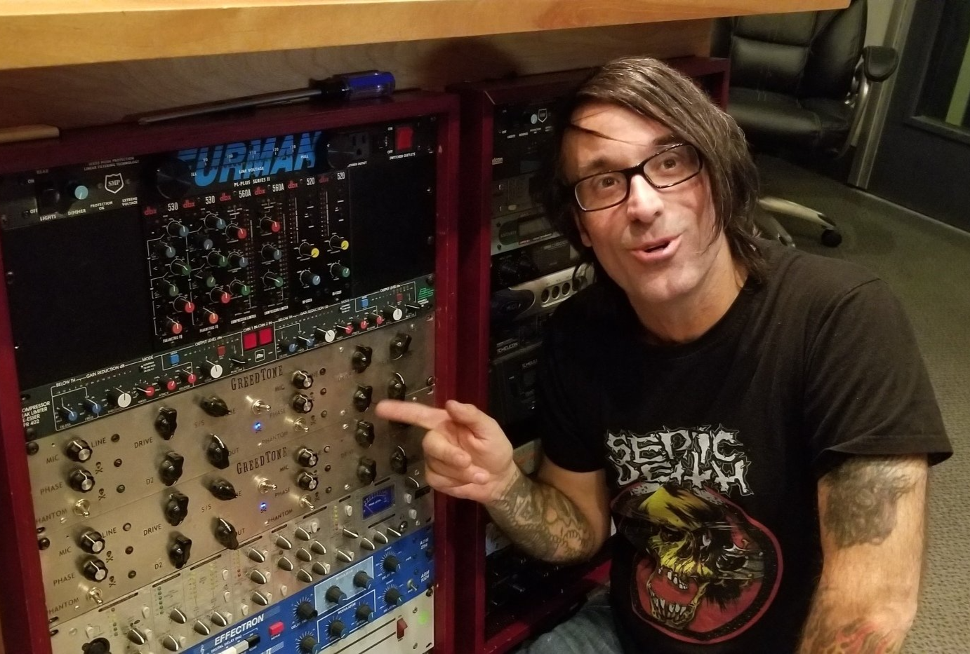 Greg Williamson pointing to Greedtone Mic Pre Amps