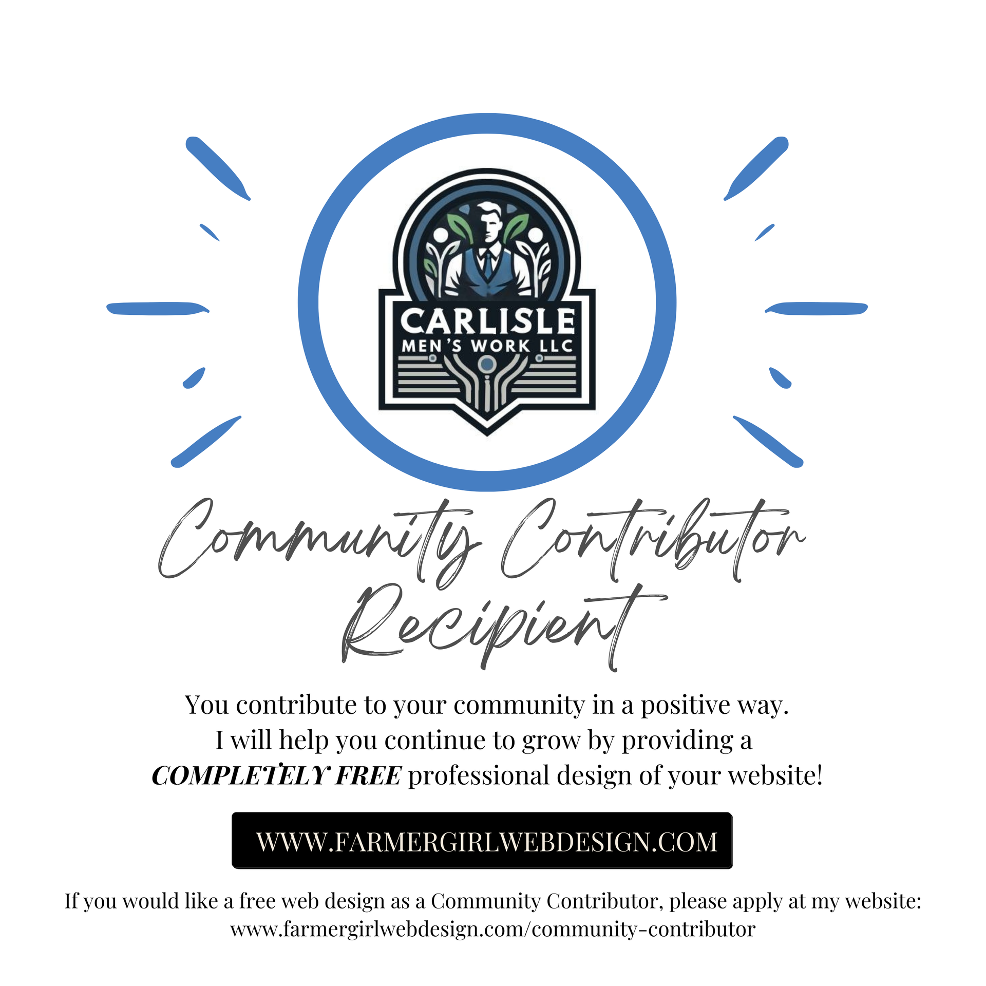 community contributor recipient of free web design by farmer girl web design carlisle men's work llc
