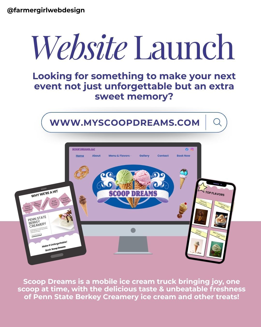 website launch for Scoop Dreams mobile ice cream truck in Dover, PA