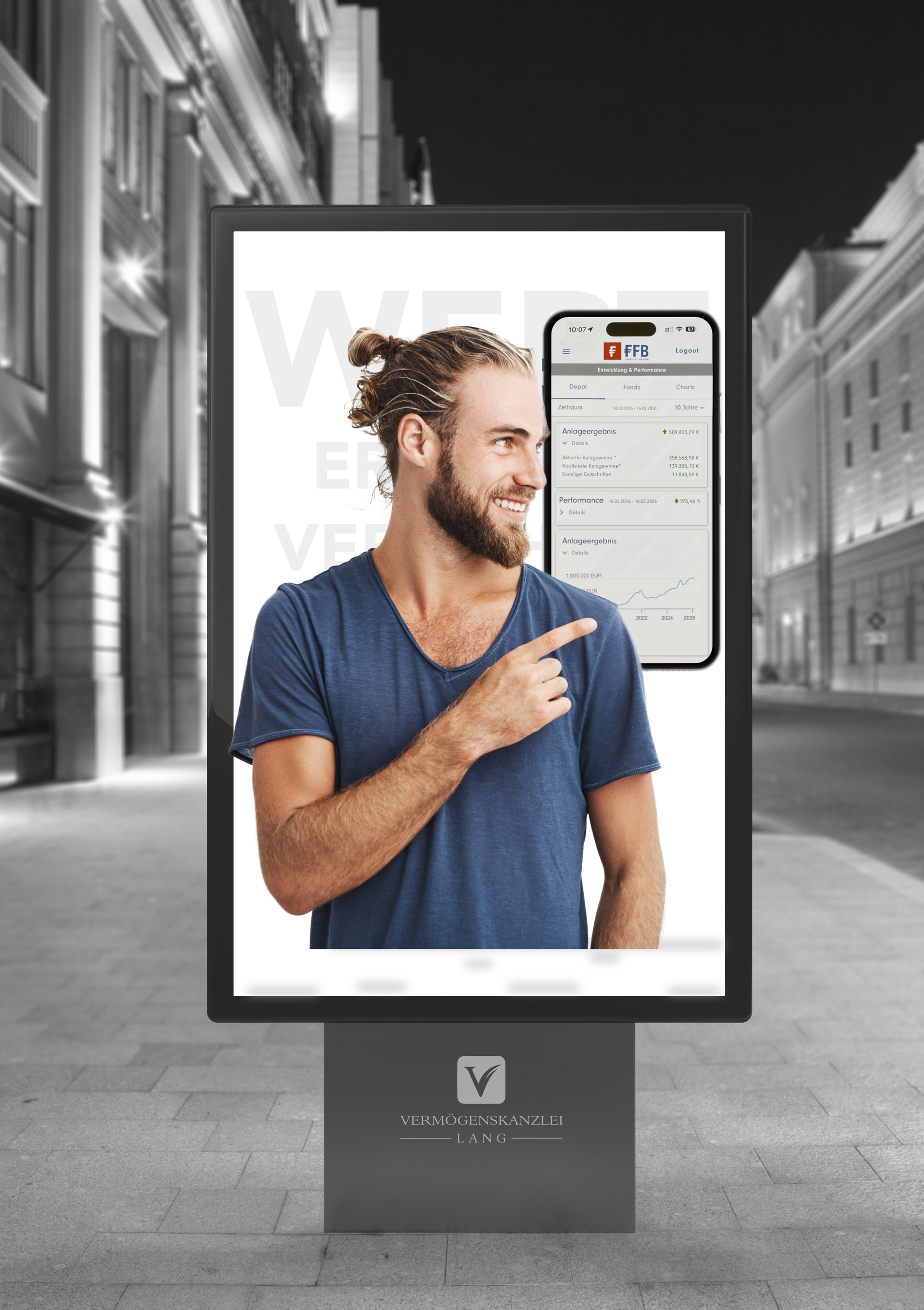 Werbetafel: Privatinvestor mit Bank-App Werbetafel: Privatinvestor mit Bank-App
