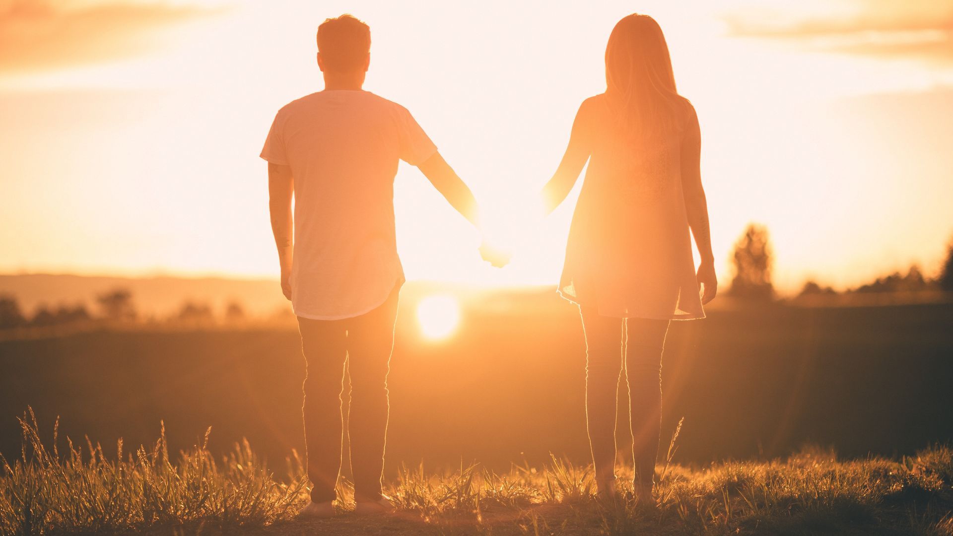 Pärchen auf einer Wiese mit starker Sonne