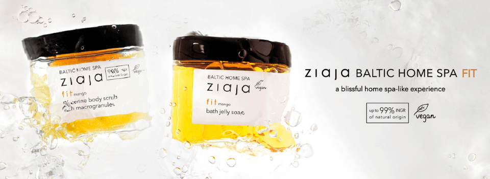 Banner mit Ziaja Baltic Home Spa Fit Pflegeprodukten und Text mit Wohlfühlen mit Ziaja zu Hause.
