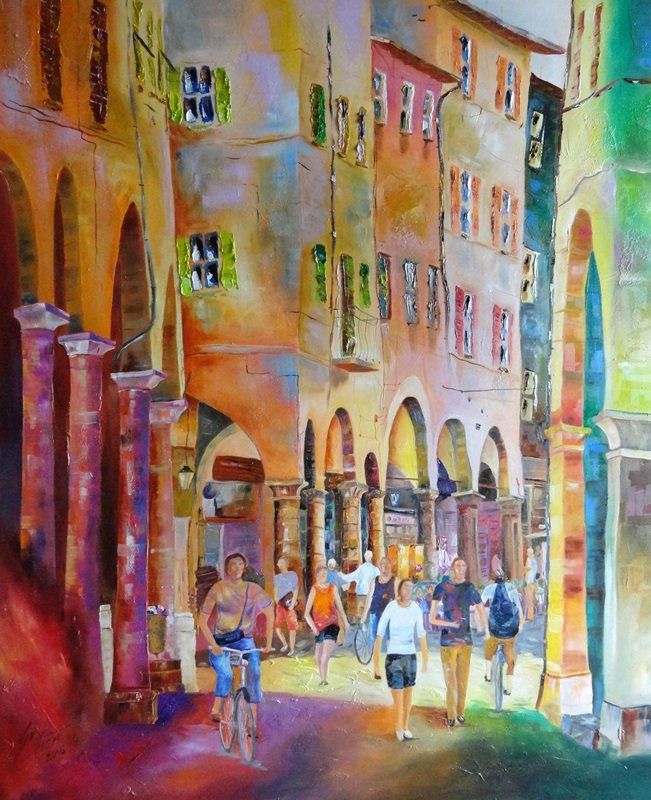 Pisa Einkaufsstrasse in Öl auf Leinwand, Bernhard Gerner, künstlerische malerei, handgemalte Kunst