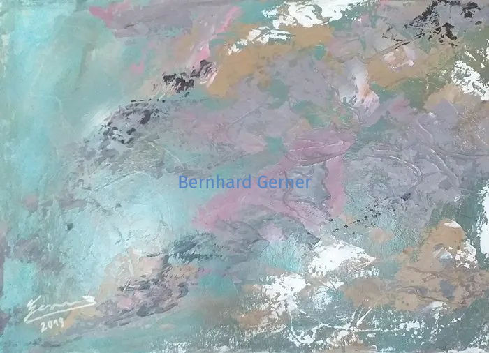 Bernhard Gerne Abstraktion in pastosen grün und blau Tönen, mit Spachteltechnik und Pinselspuren auf Leinwand gemalt