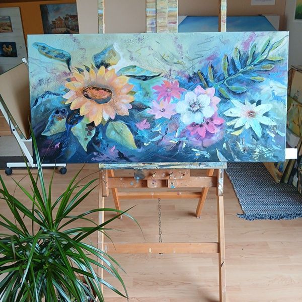 Sonnenblume Mix XL Leinwandbild von Bernhard Gerner in Originalgröße 50 x 100 cm