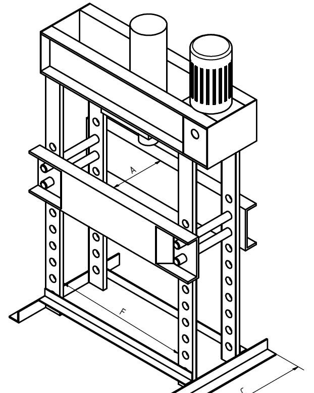 Technische Zeichnung einer hydraulischen Standard-Werkstattpresse mit Maßen