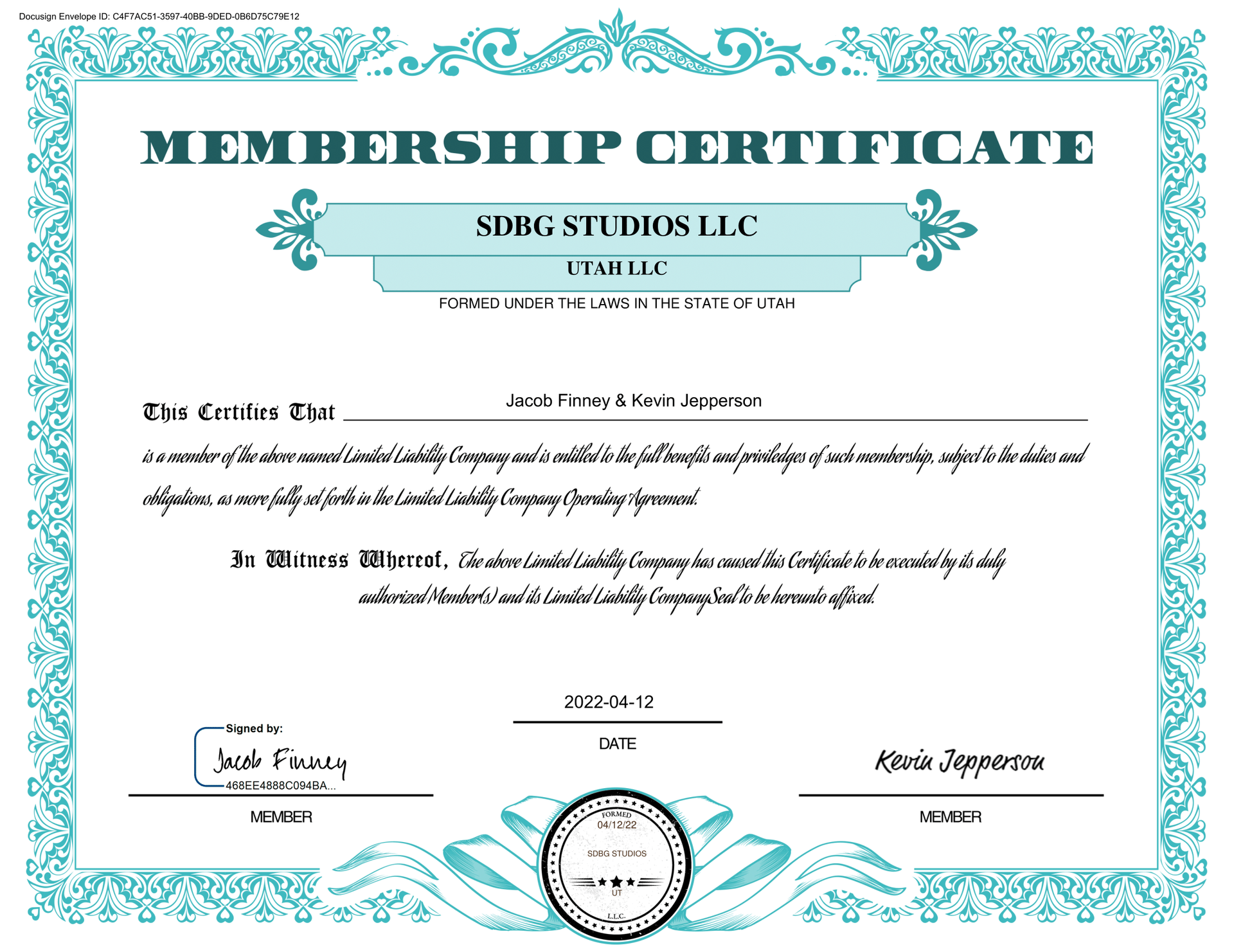 SDBG Studios LLC official ownership certificate — registered business Utah