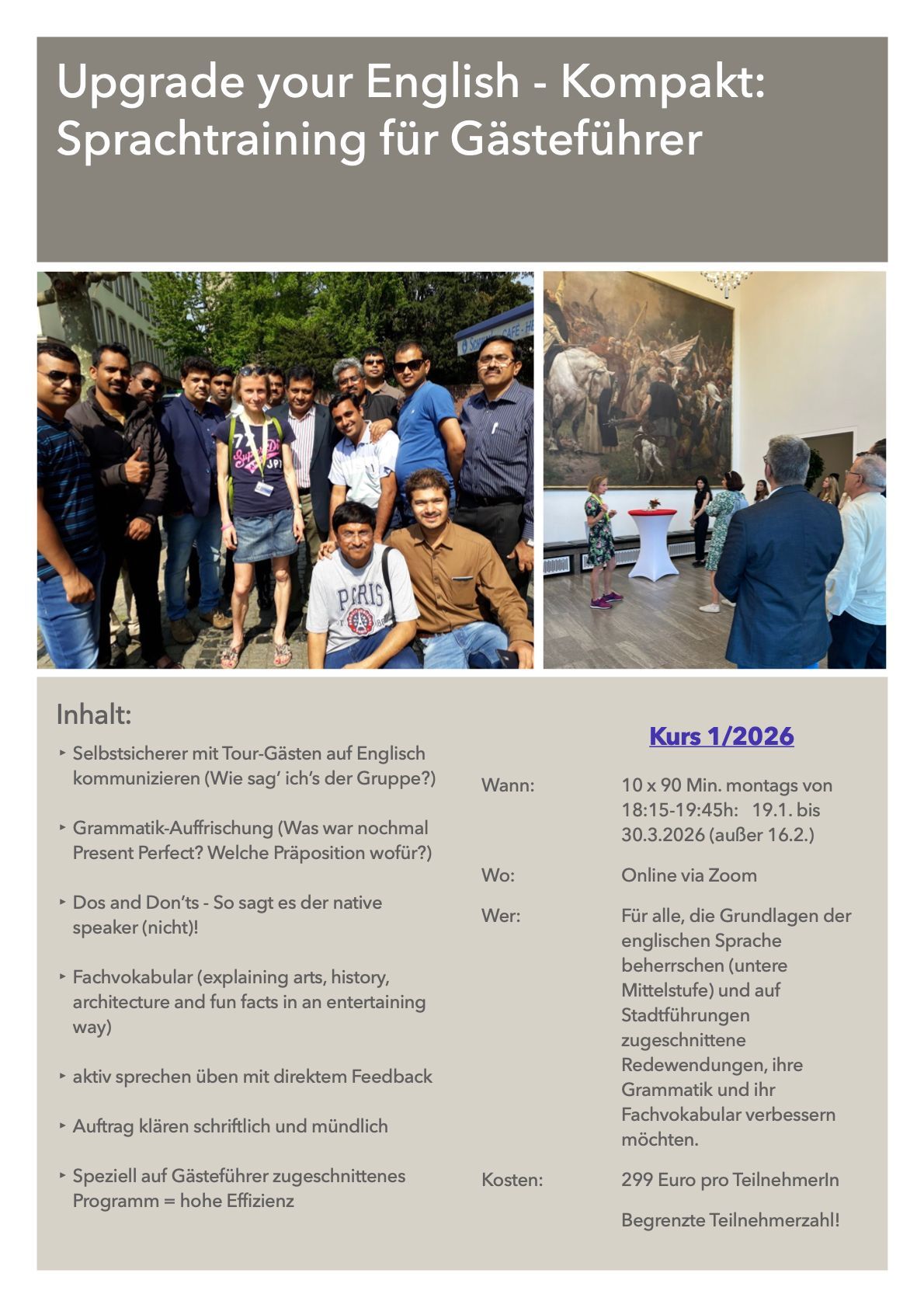 Englischkurs für Gästeführer und Tourismus Englischkurs 5/2024
Tourismus Englisch
Sprachtraining
Englisch lernen
Gästeführer
BVGD