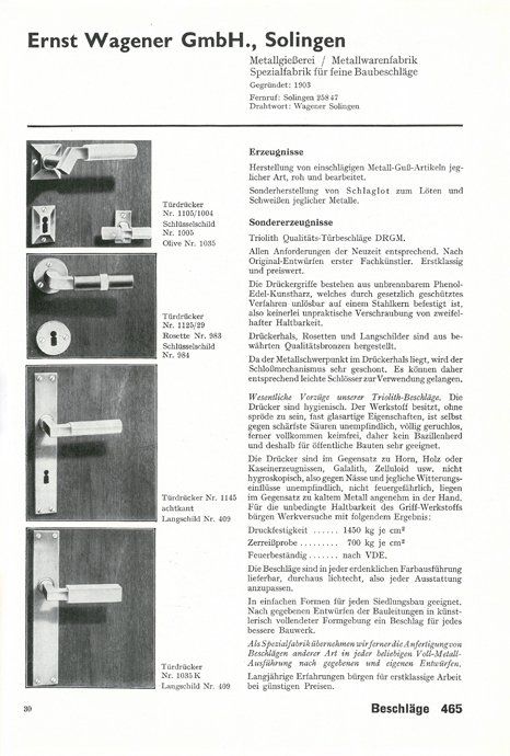 Ganzseitige Anzeige aus Bauwelt-Katalog, 1931 Ernst Wagener in: Bauwelt-Katalog, 1931