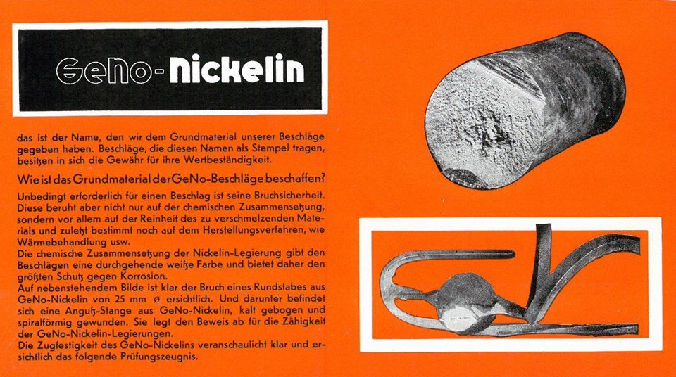 Auszug aus dem GENO-Katalog, 1935 Türdrücker-Werkstoffe, Nicksil, Nickeln, Wehag, ERNO, Genf