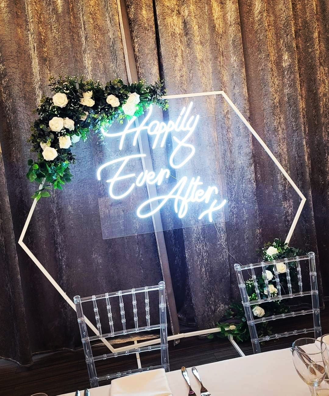 Happily ever after neon sign on hexagon shaped frame