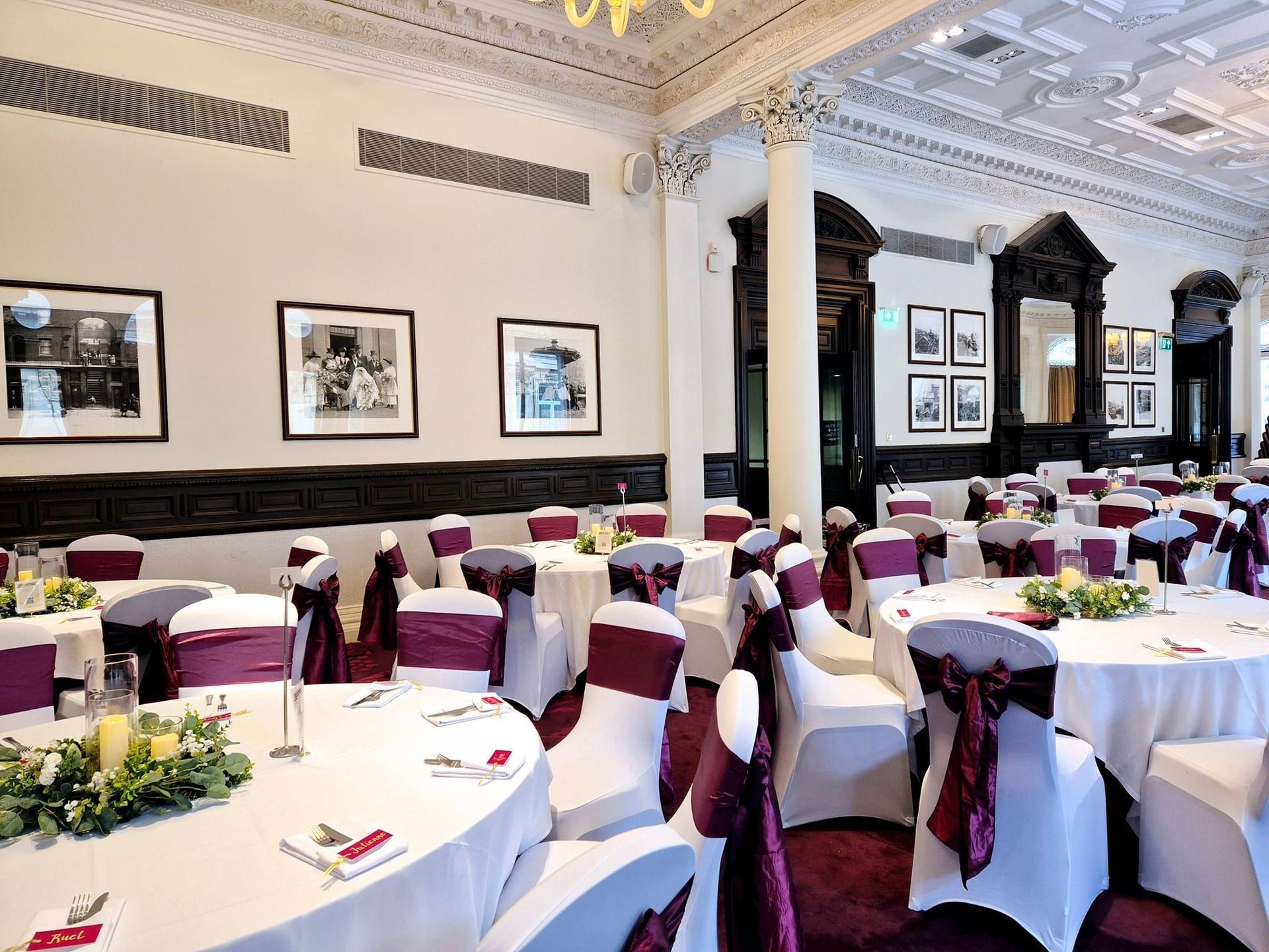 Burgundy chair sashes, table cloths and chair covers available to hire in the Northwest.