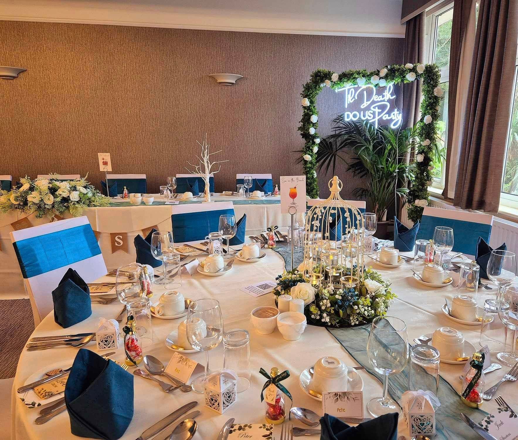 Teal green wedding reception styling in the Northwest