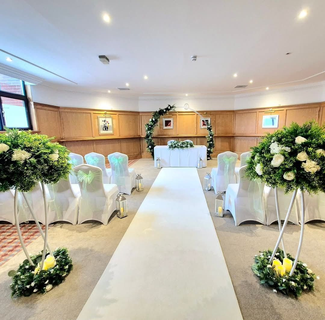Green foliage wedding ceremony, moongate arch available to hire in Cheshire.