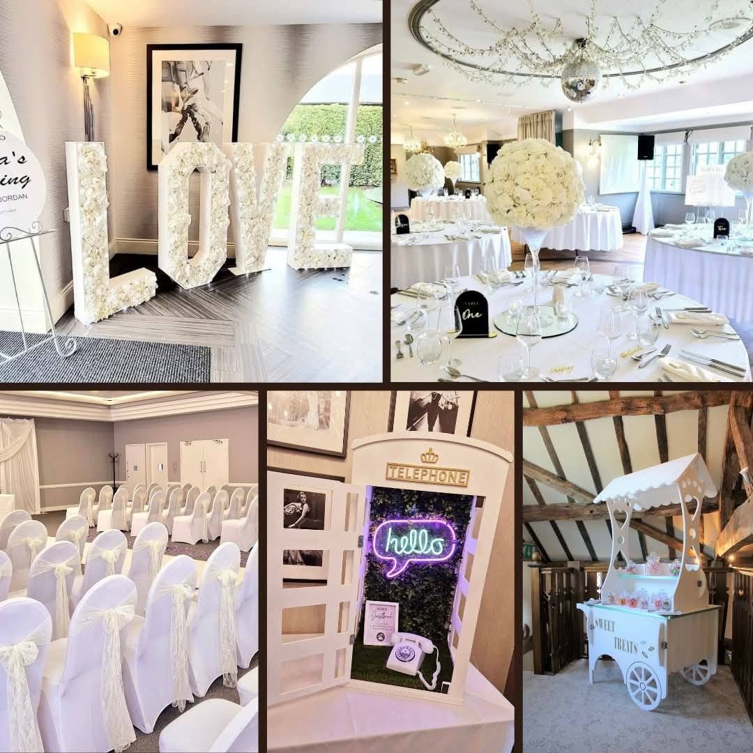 Collage of 5 different wedding decor items available for hire.