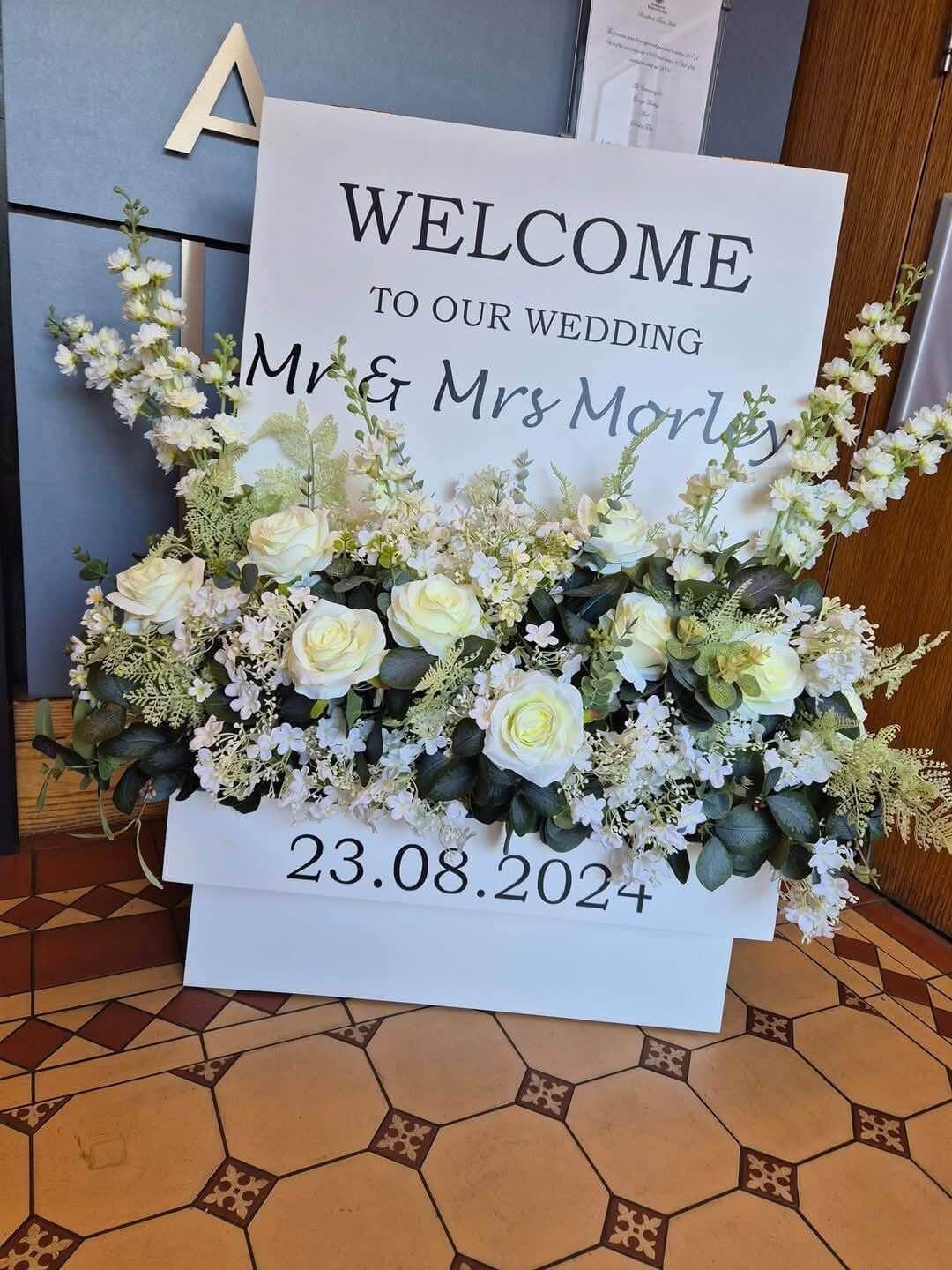 Flower box welcome sign available for hire in Cheshire
