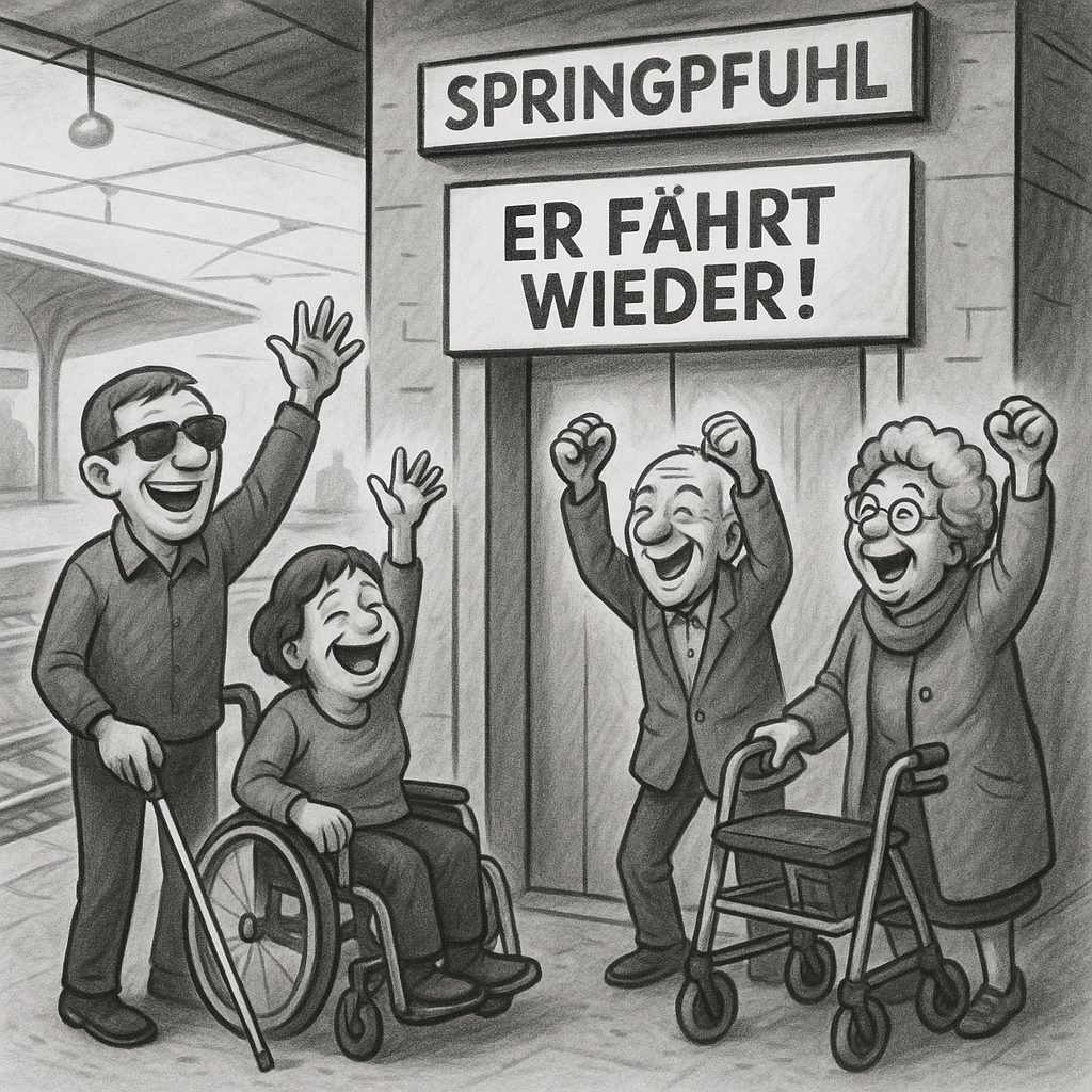 Fahrstuhl am S-Bahnhof Springpfuhl funktioniert wieder Karikatur: Menschen mit Beeinträchtigungen freuen sich vor dem Fahrstuhl am S-Bahnhof Springpfuhl, der wieder funktioniert.